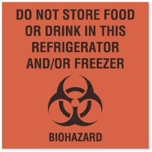 Pre-Printed Label Auxiliary Label Red Paper Do Not Store Food Or Drink In This Refrigerator AndOr Freezer Biohazard Black Safety and Instructional 4-1/2 X 4-1/2 Inch