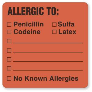 Pre-Printed Label UAL Allergy Alert Fluorescent Red Paper Allergic To, Penicillin Sulfa Codeine Latex No Known Allergies Black Alert Label 1-1/2 X 1-1/2 Inch
